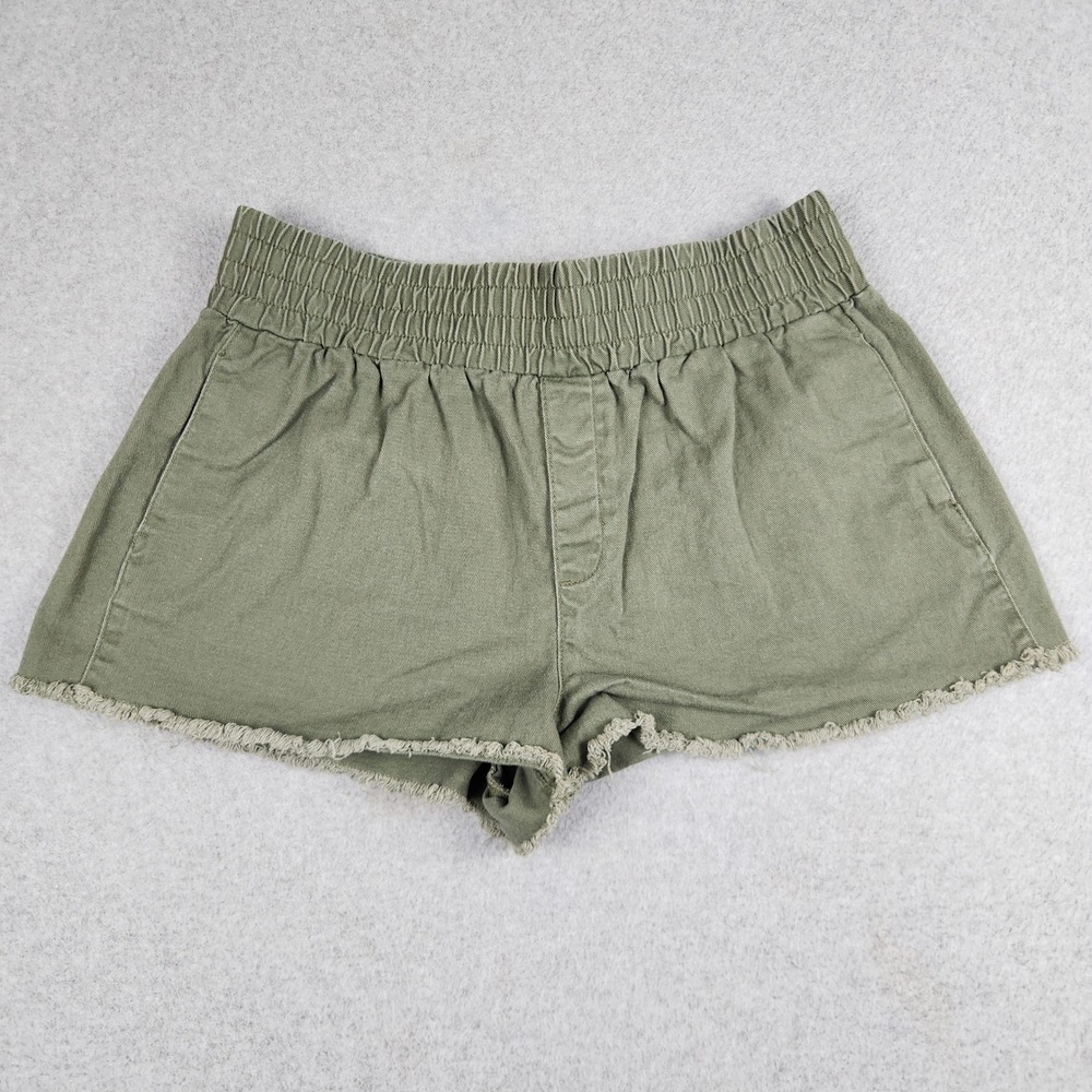 No Boundaries Shorts Womens XL Green Cotton Twill Smocked Waist Raw Hem Casual